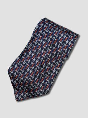 HERMES DARK BLUE RED HORSESHOES PRINT SILK NECKTIE